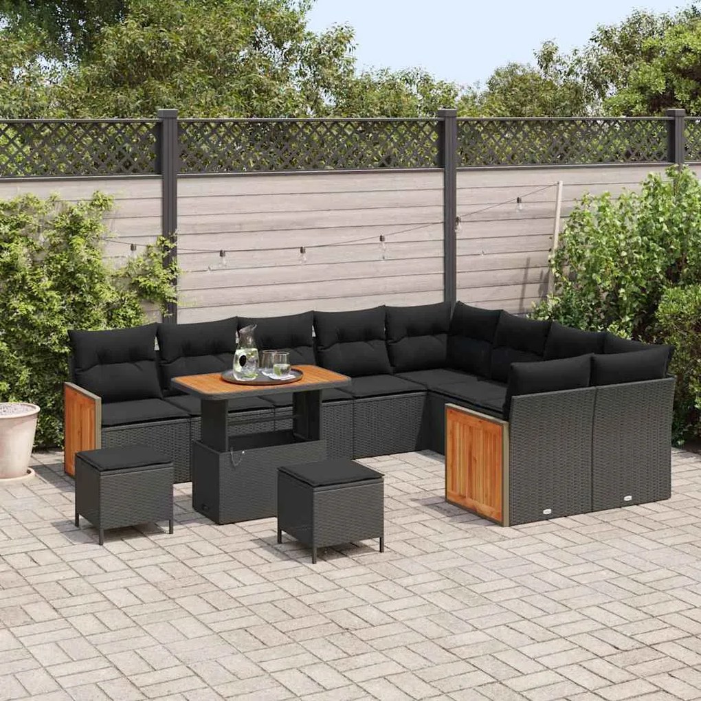 Conjunto de Sofás de Jardim de 12 peças com Almofadas Preto Vime Acáci