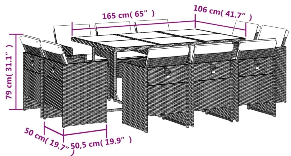 11 pcs conjunto de jantar p/ jardim com almofadões vime PE bege