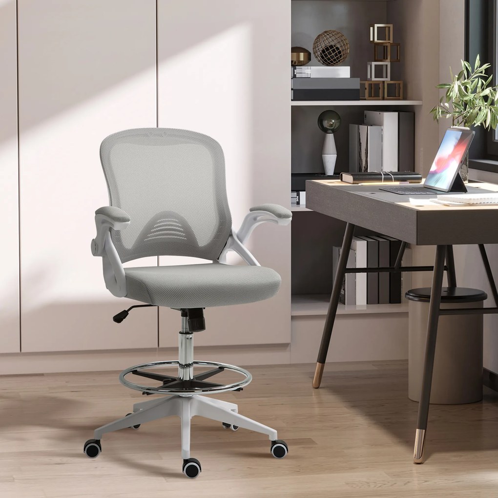 Cadeira de escritório, assento ajustável e rotação de 360°, tecido respirável 64 x 60 x 106-126 A cm, cinzento e branco