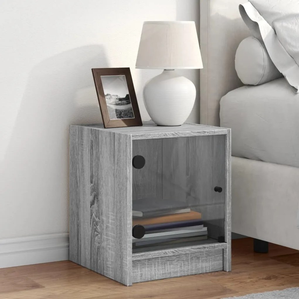 Mesa de cabeceira c/ porta de vidro 35x37x42 cm cinzento sonoma
