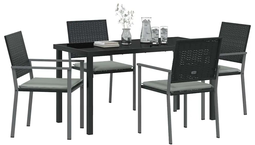 Conjunto de Jantar de Jardim com 5 Peças e Almofadas, Preto, Polyratta