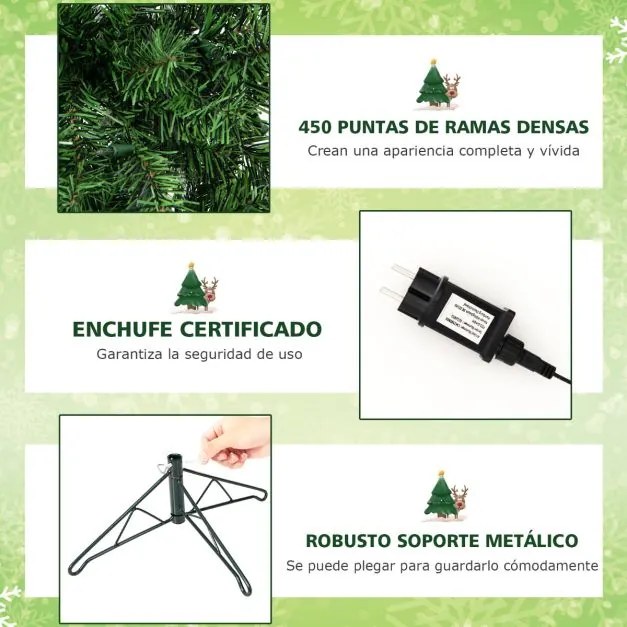 Árvore de Natal de 210 cm em forma de meia árvore pré-iluminada com economia de espaço 450 pontas de ramos 150 luzes LED Suporte de metal dobrável