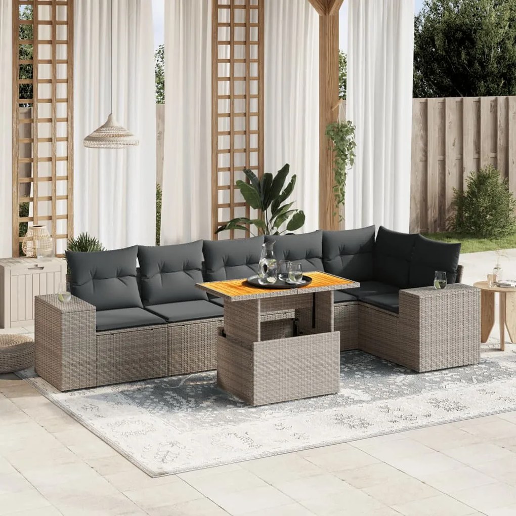 7 pcs conjunto sofás p/ jardim c/ almofadões vime PE cinzento