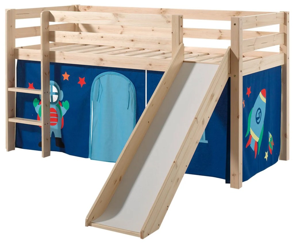 Conjunto Cama alta de Criança PINO 90 x 200 cm + estrado + escada + escorrega + cortina Astronauta Natural