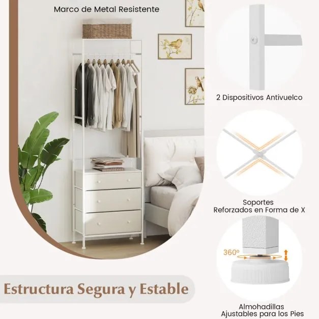 Guarda Roupa com gavetas com barra para pendurar e prateleiras para entrada do quarto 55 x 28 x 176 cm Branco