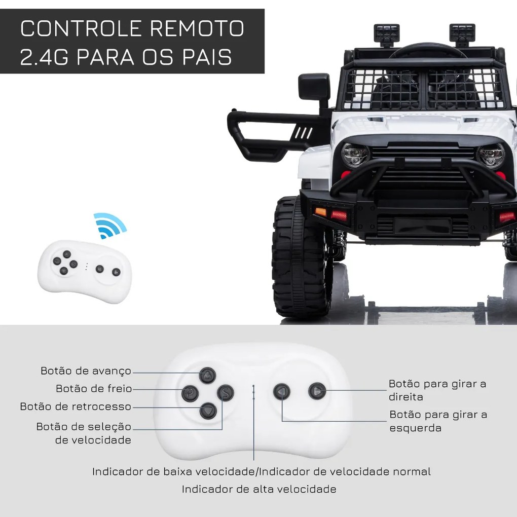 Carro Elétrico para Crianças acima de 3 anos Carro de Bateria 12V com 2 Motores Controle Remoto 2.4G Luzes Música MP3 e Rádio 99,2x66,6x66,6cm Branco