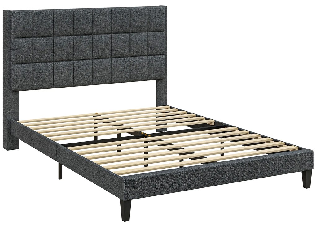Estrutura de Cama 135x190 cm com Cabeceira Estofada em Linho e Espaço de Armazenamento Debaixo da Cama Cinza