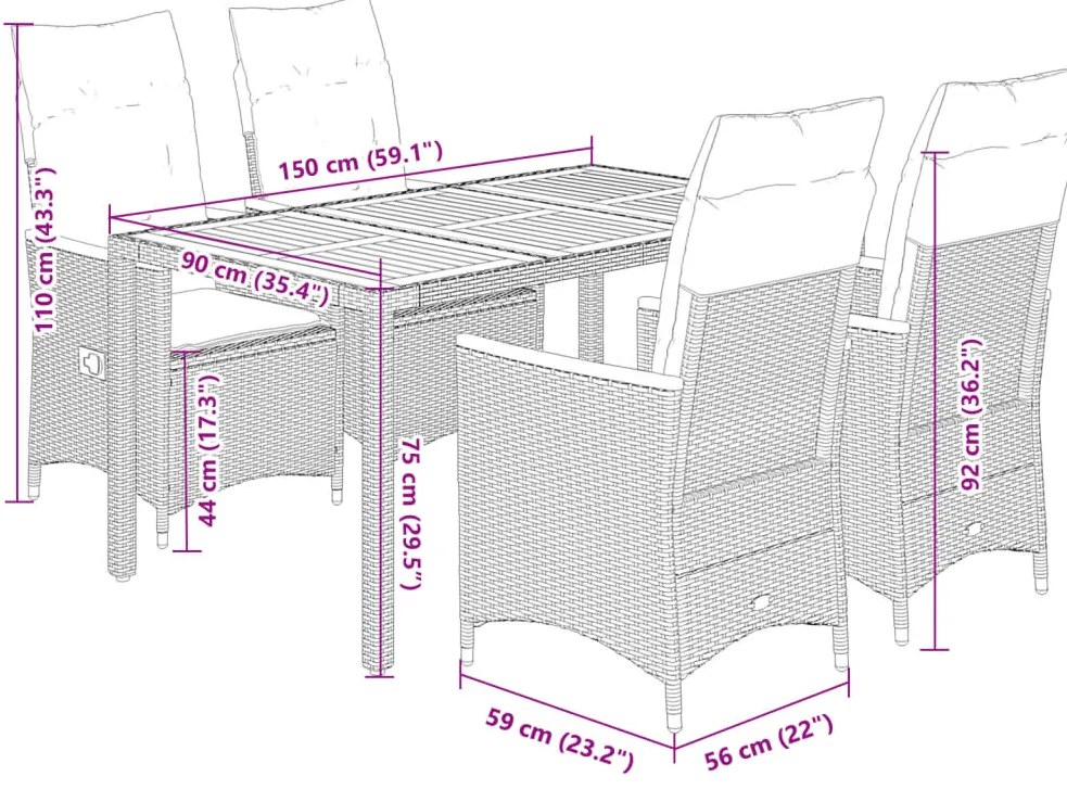 5 pcs conjunto de jantar p/ jardim c/ almofadões vime PE preto