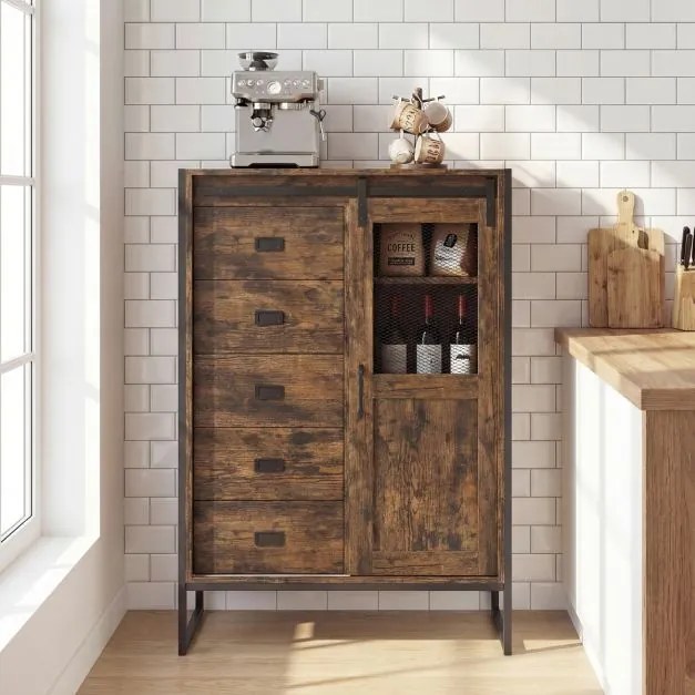 Armário de arrumação, estilo rústico 84 x 40 x 120 cm, com porta de correr, 5 gavetas e prateleiras ajustáveis ideal para casa de banho, sala de estar