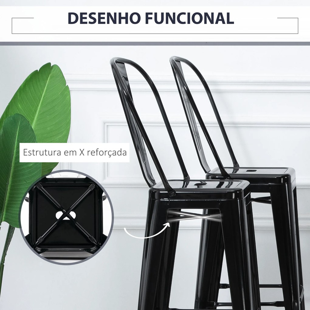 Conjunto de 4 Bancos Altos de Cozinha de Metal Bancos de Bar com Encosto Alto e Apoio para os Pés para Sala de Jantar Carga 120kg 44x49x116cm Preto