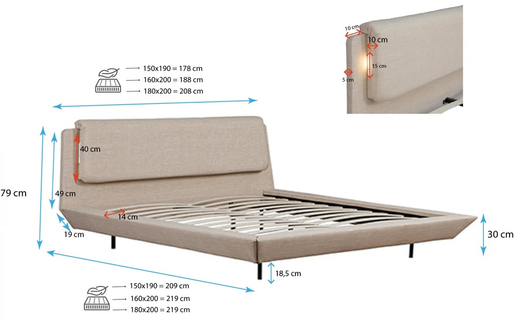 Cama de Casal Flutuante "Beatrice" em Bege - 150x190 cm – Design Moder
