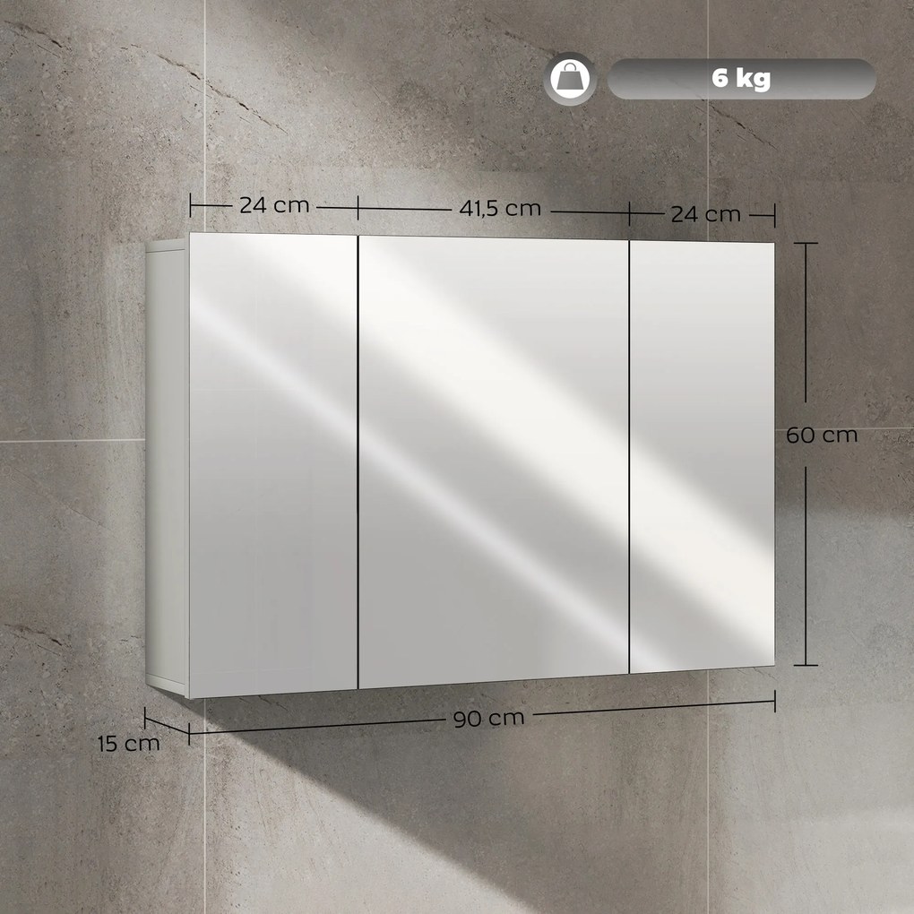 Armário de parede para casa de banho 90 x 15 x 60 cm com 3 portas espelhadas e prateleiras ajustáveis em MDF cinzento