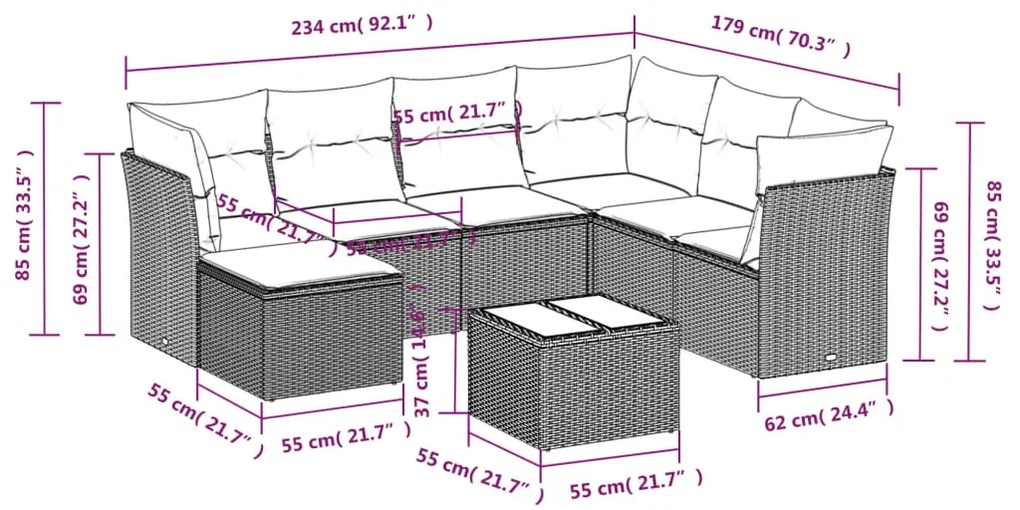8 pcs conjunto sofás de jardim c/ almofadões vime PE cinzento