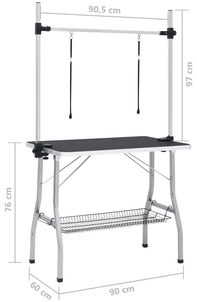 Mesa de grooming ajustável para cães com 2 laços e cesto