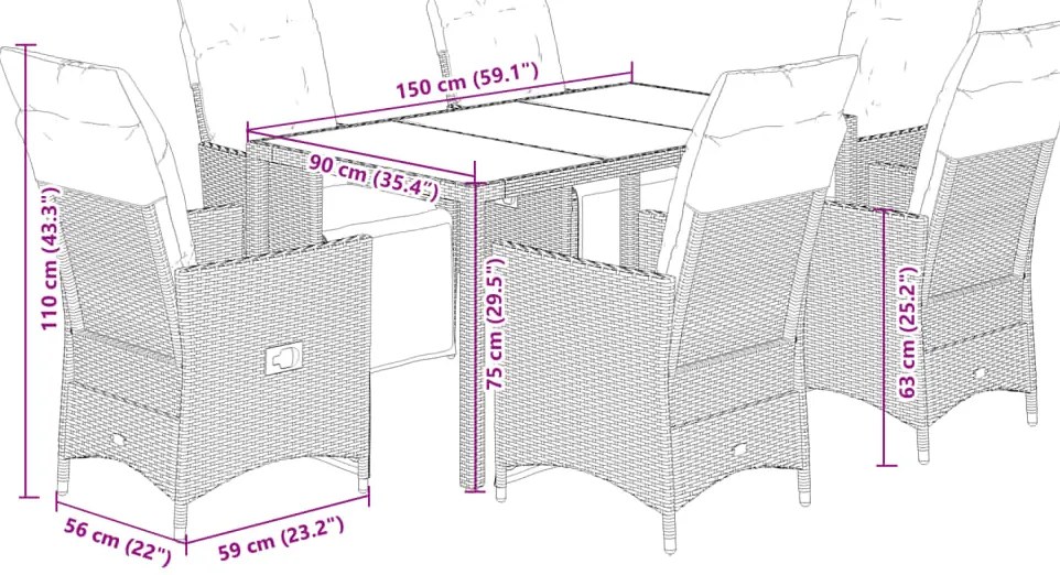 7 pcs conjunto de bistrô para jardim c/ almofadões vime PE bege