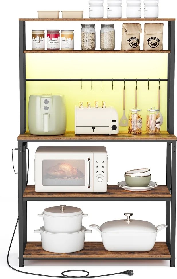 Armário de cozinha com iluminação LED 40 x 80 x 168,4 cm, com tomadas e prateleiras ajustáveis castanho-preto