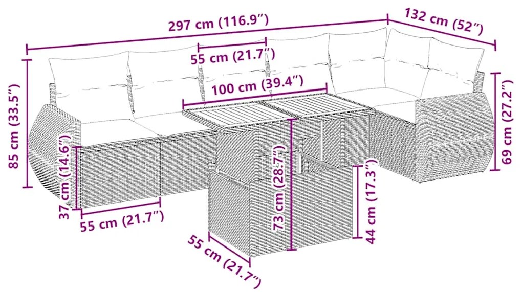 7 pcs conjunto de sofás p/ jardim com almofadões vime PE bege