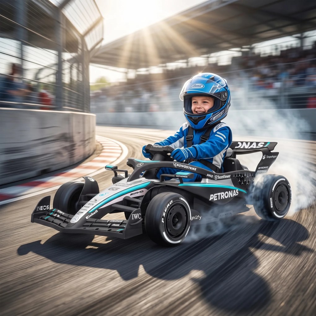 Kart elétrico para crianças de 12 V, Mercedes-AMG PETRONAS F1 com 2 motores, comando à distância, 3 velocidades, preto