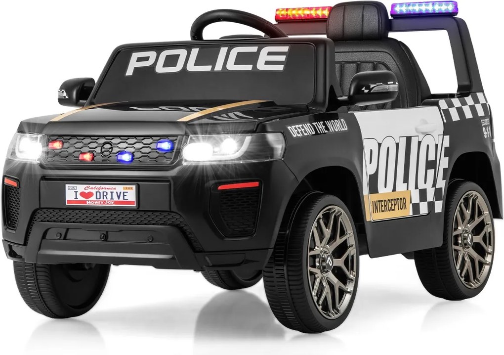 Carro de Polícia Carro Elétrico com Bateria de 12V 7A Controlo Remoto Ligação Sem Fios Música Sirene e Luz LED Intermitente Preto