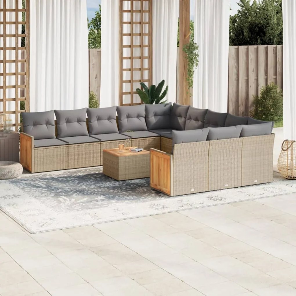 vidaXL 13 pcs conj. sofás jardim c/ almofadões vime PE bege misturado