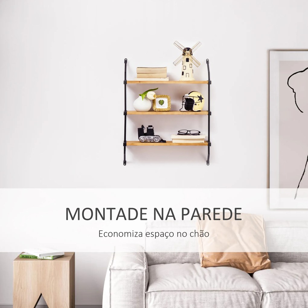 Estante de Parede de 3 Níveis Estante Flutuante de Madeira para Sala de Estar Dormitório Cozinha Sala de Jantar Carga Máxima 15kg 51x15x63,5cm Madeira