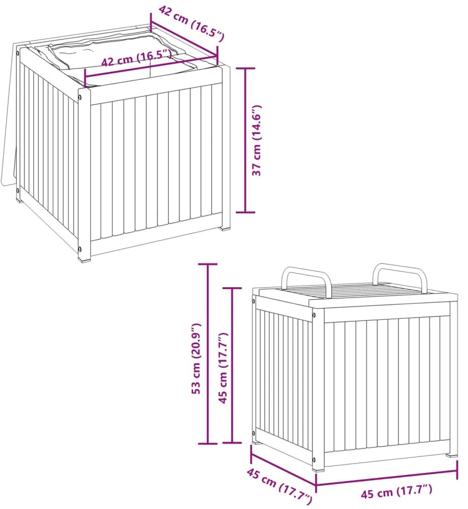 Caixa p/ almofadões de exterior 45x45x45/53cm acácia maciça/aço