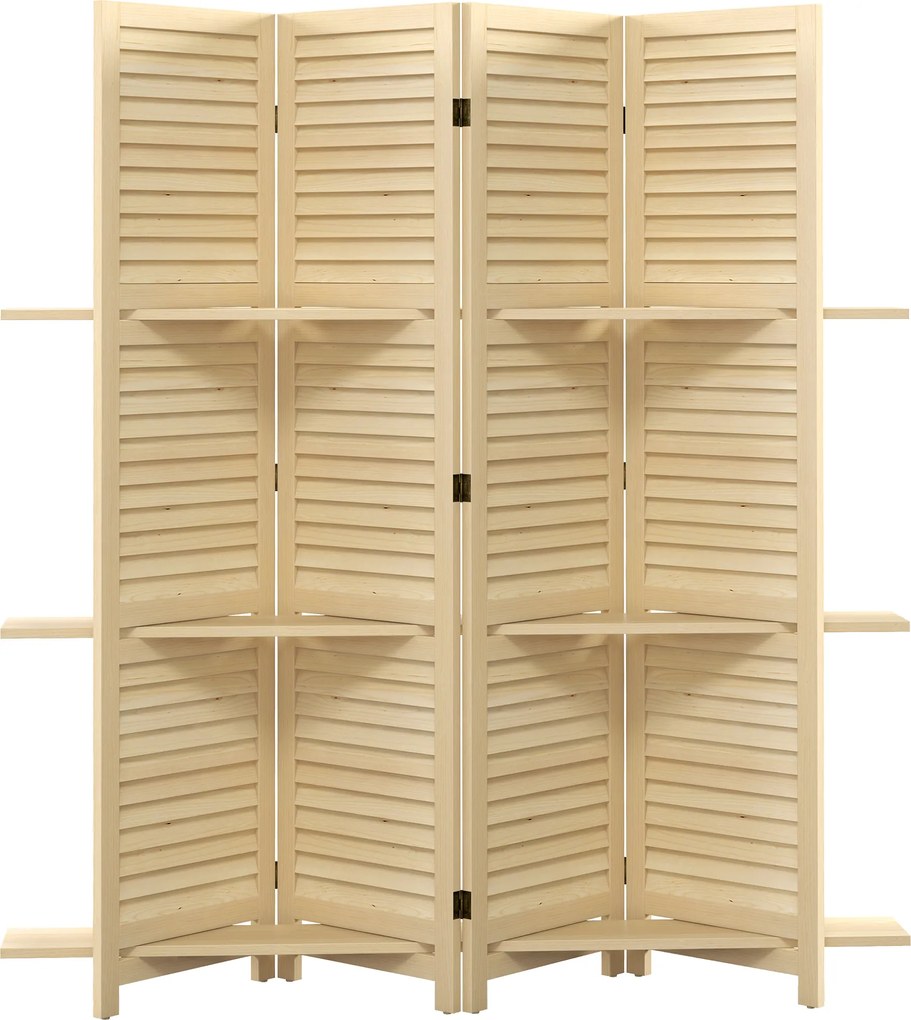 HOMCOM Biombo Interior 4 Painéis 160x170 cm 3 Prateleiras Dobráveis Portas com Persianas Natural | Aosom Portugal