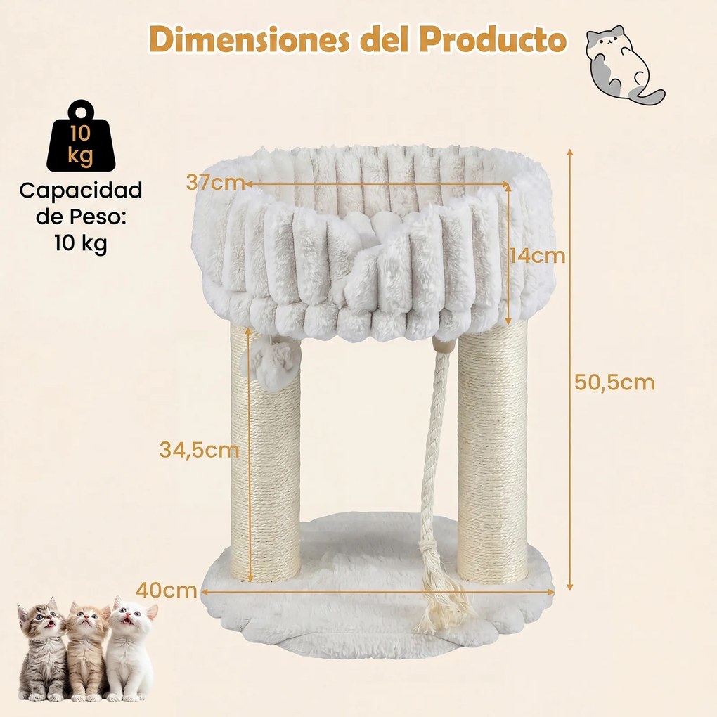 Árvore para Gatos, 40 x 40 x 50,5 cm, Plataforma Superior de Felpa, Bege