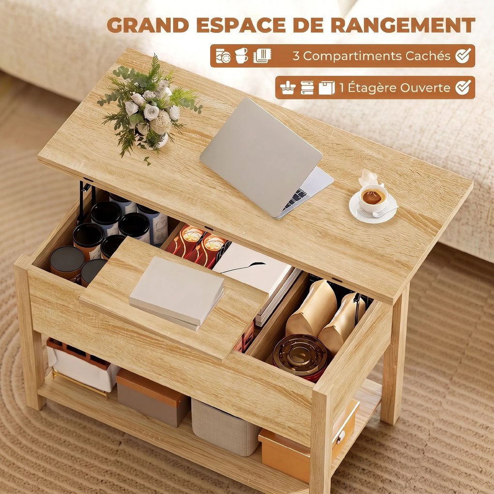 Mesa de centro elevável e extensível, com compartimento oculto e prateleira aberta, 100 x 45 x 50,5 cm, em cor madeira natural