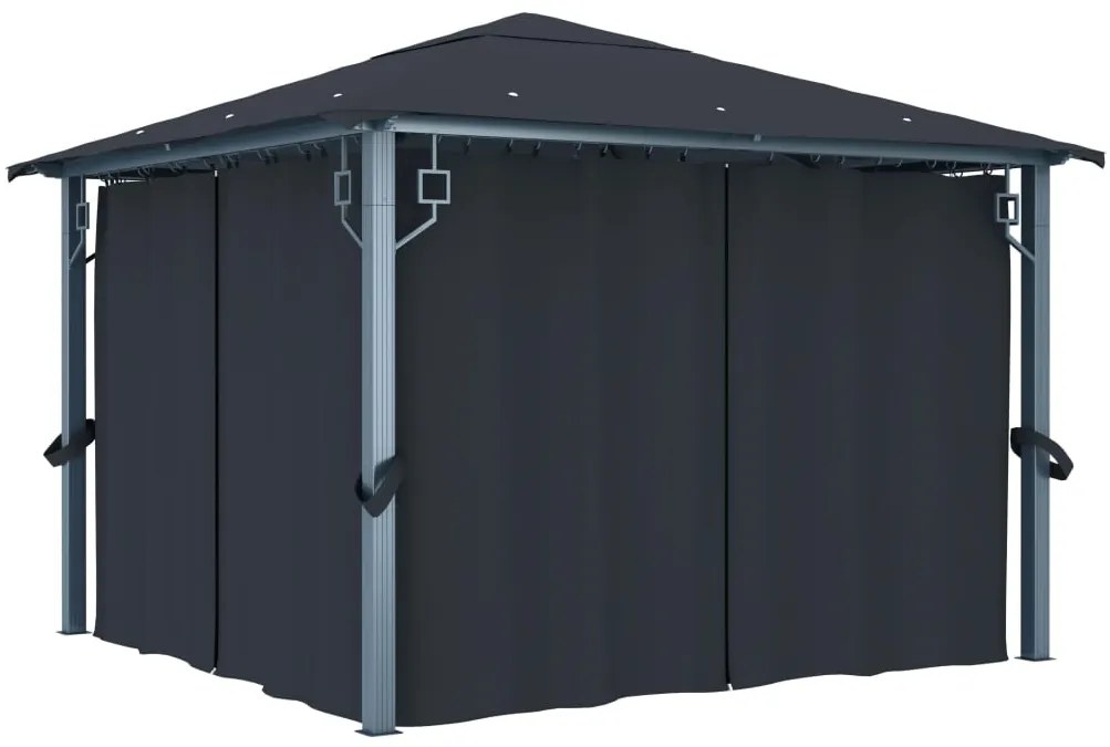 Gazebo c/ cortinas e cordões luzes LED 3x3 m alumínio antracite
