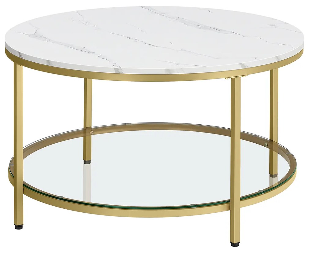 Mesa de centro com tampo de vidro moderna 80 x 46 cm (Ø x H) imitação mármore Branco + dourado claro