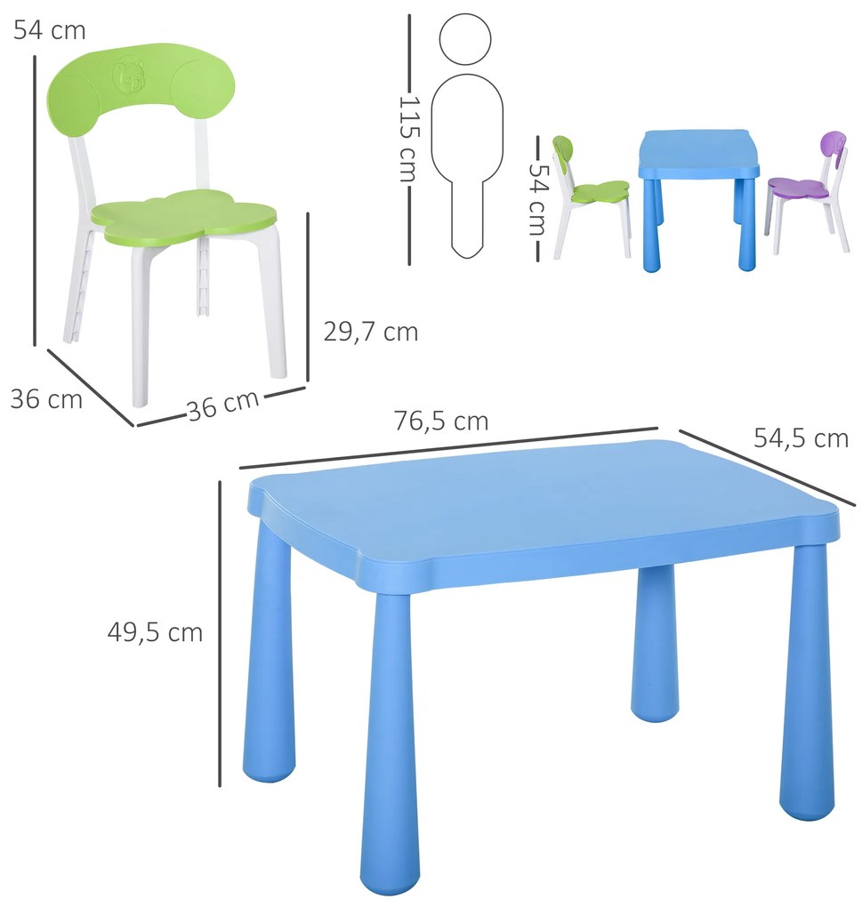 HOMCOM Conjunto de mesa e 2 cadeiras infantil para atividades com encosto e bordas redondas para crianças acima de 2 anos 76,5x54,5x49,5 cm Multicolor