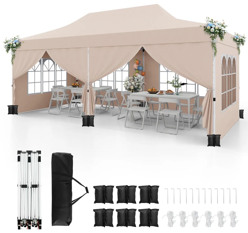 Tenda jardim, festas, eventos de 600 x 300 cm com 6 paredes laterais removíveis, com 6 pesos com bolsa de transporte Bege