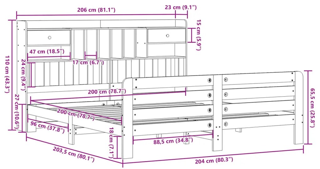 Cama com estante sem colchão 200x200 cm pinho maciço branco