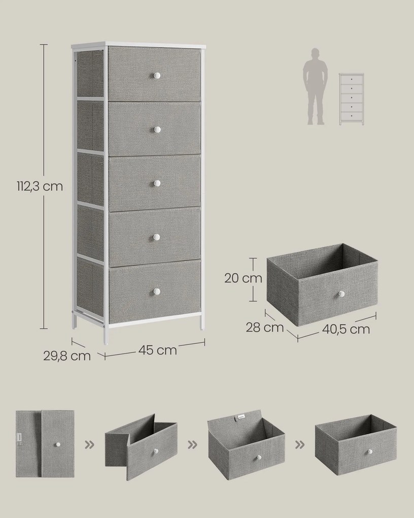 Cómoda com 5 gavetas em tecido estreita 29,8 x 45 x 112,3 cm Cinzento-creme branco