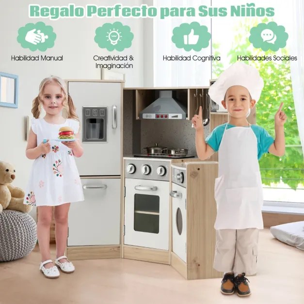 Conjunto de cozinha de madeira para crianças, brinquedo de cozinha com sons e acessórios realistas, jogo de telefone para crianças de +3 anos Branco +