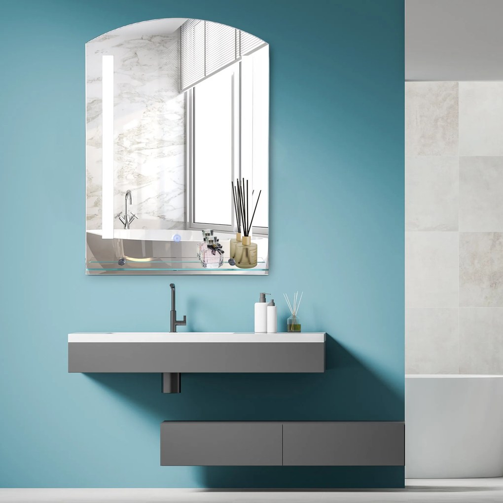 Espelho para banheiro com luz LED 16W Interruptor de toque e prateleira inferior Cabo de 1m Estrutura de alumínio 70x50x2,7 cm prata
