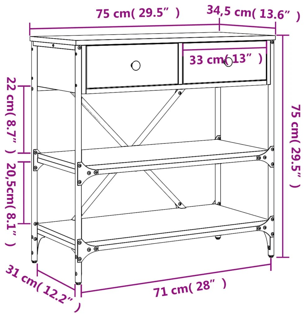 Mesa consola 75x34,5x75 cm derivados madeira carvalho castanho