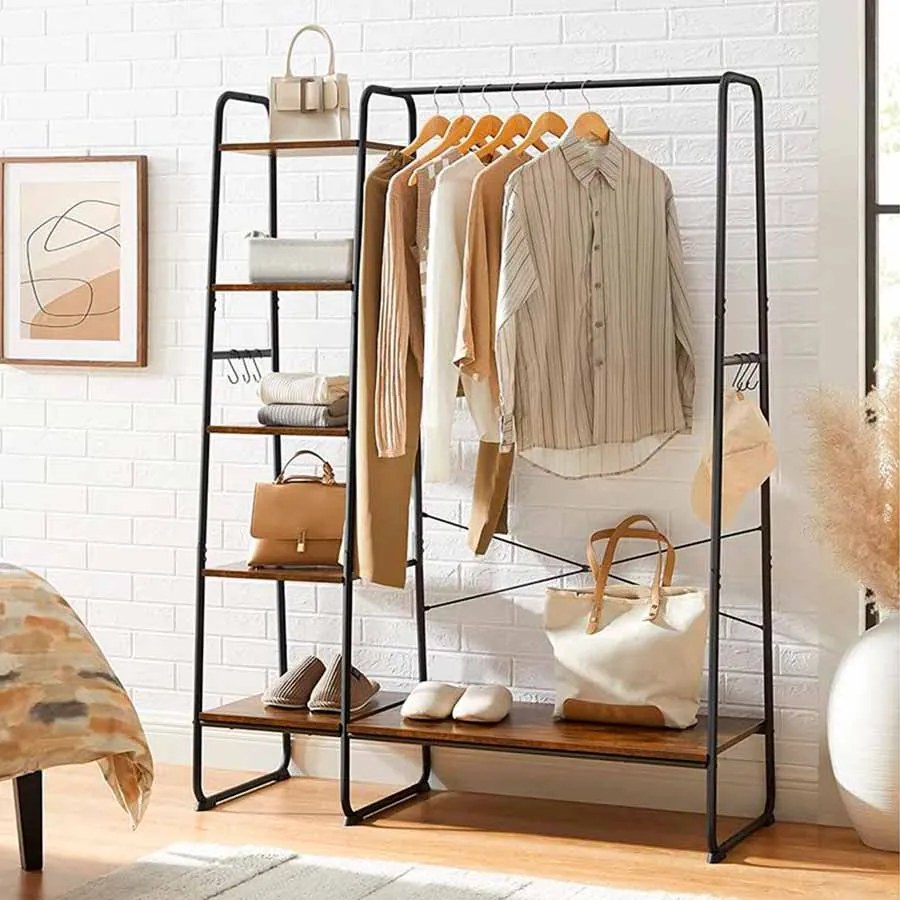 Cabide Guarda Roupa com prateleiras e ganchos 45 x 120 x 160 cm Castanho Vintage e Preto