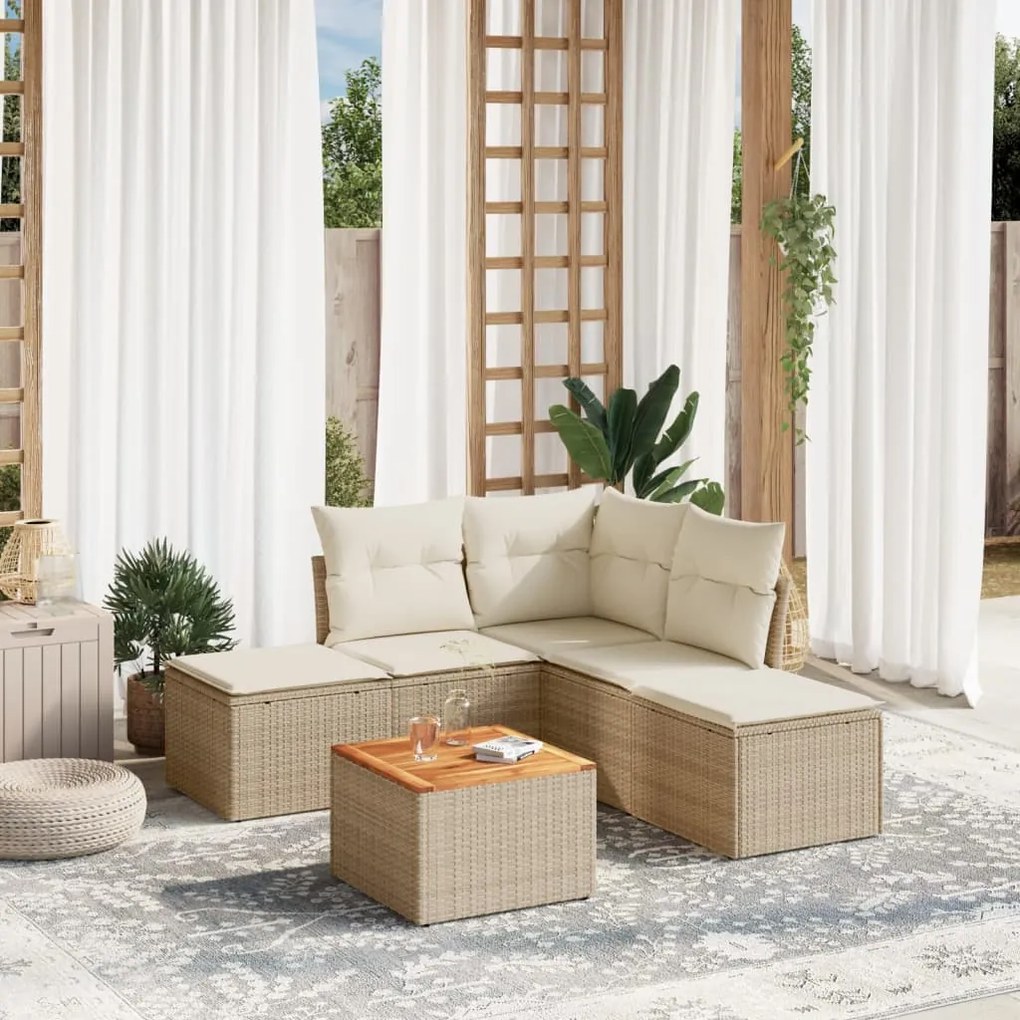 6 pcs conjunto de sofás p/ jardim com almofadões vime PE bege