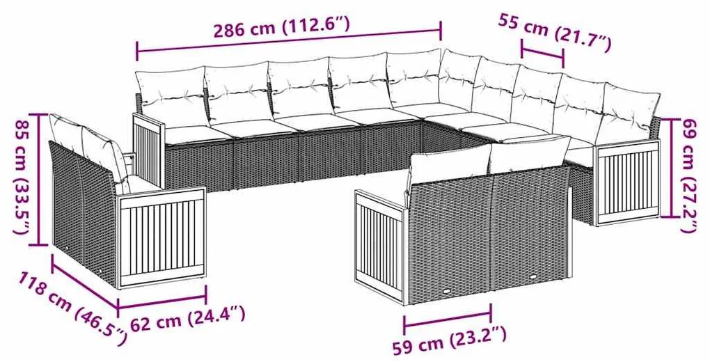 13 pcs conjunto de sofás de jardim com almofadões vime PE preto