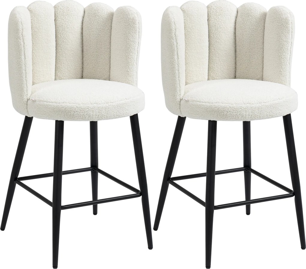 Conjunto de 2 cadeiras altas de bar com apoio para os pés, em aço e tecido com efeito de lã felpuda, altura 65 cm, creme e preto