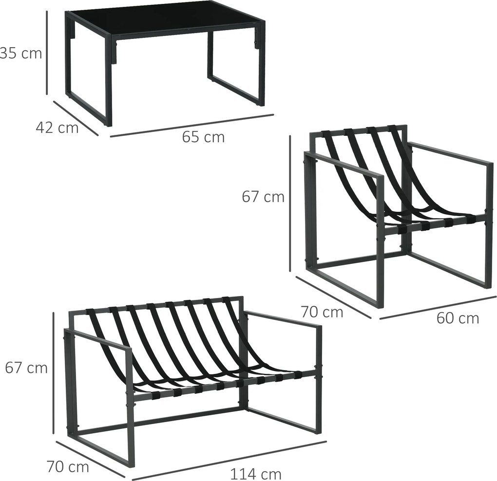 Conjunto de jardim de 4 peças para 4 pessoas, com sofá de 2 lugares, 2 poltronas e 1 mesa de centro cinzenta