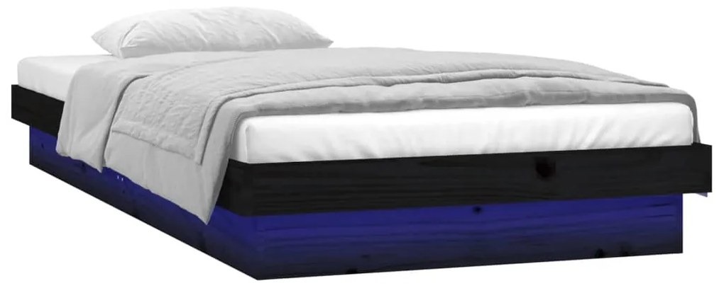 Estrutura de cama c/ LED solteiro 90x190cm madeira maciça preto