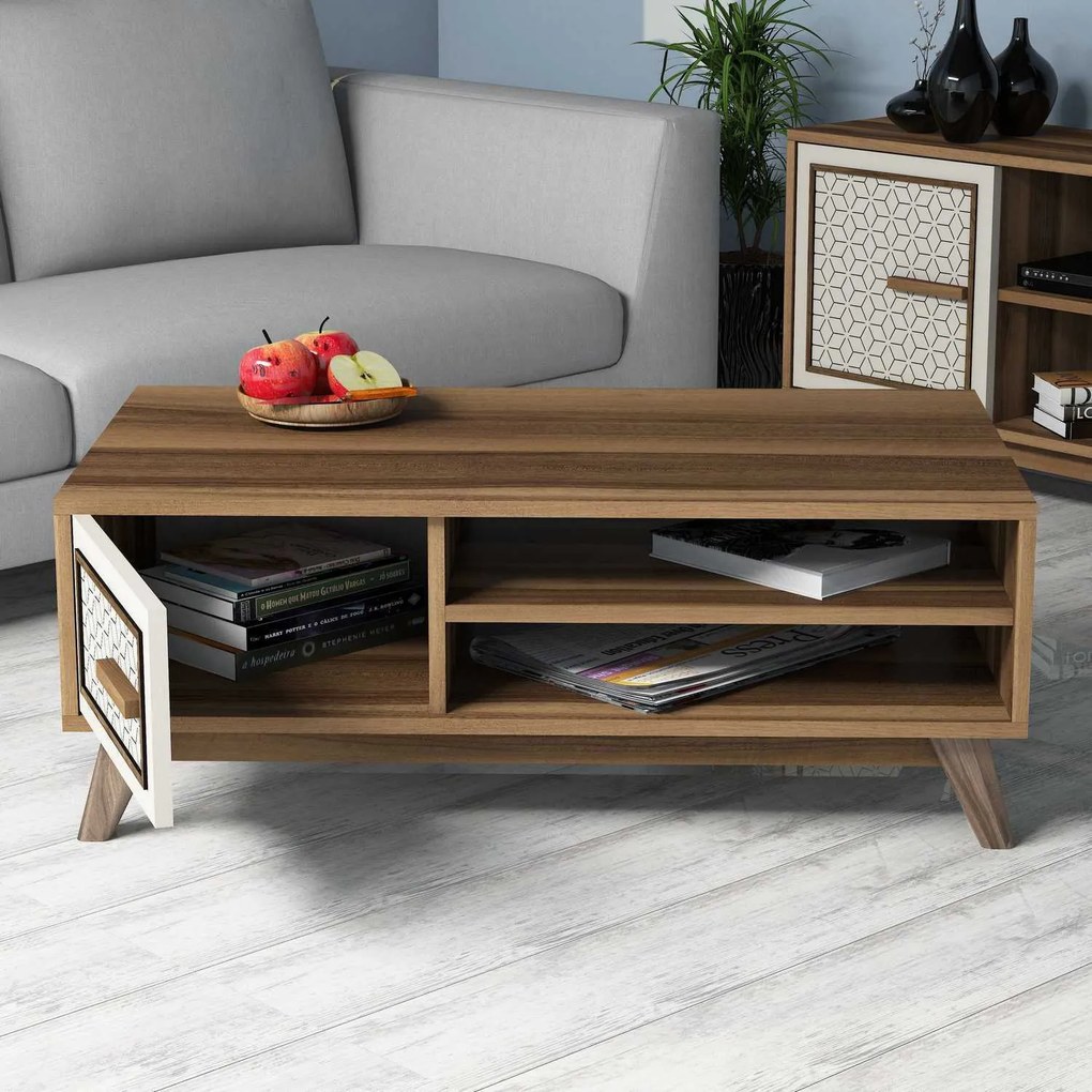 Mesa de Centro Ayla – Nogueira e Creme – 105x38,2x60 cm