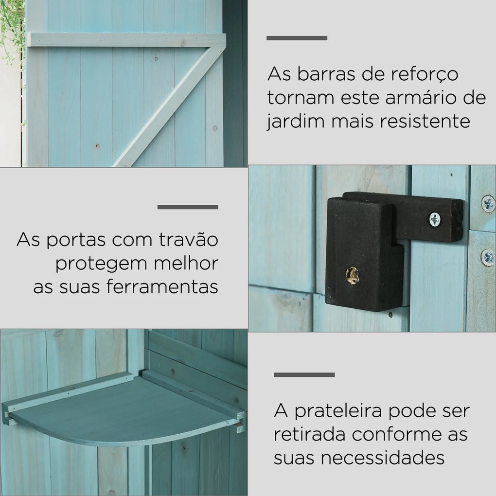 Armário de Jardim de Madeira 77x54,2x179 cm 0,3 m² Armário de Armazenamento com 3 Prateleiras e 2 Portas Azul Claro