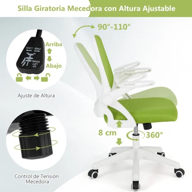 Cadeira de escritório ergonómica com apoio lombar integrado, apoios de braços rebatíveis, rodas universais, altura ajustável, Verde