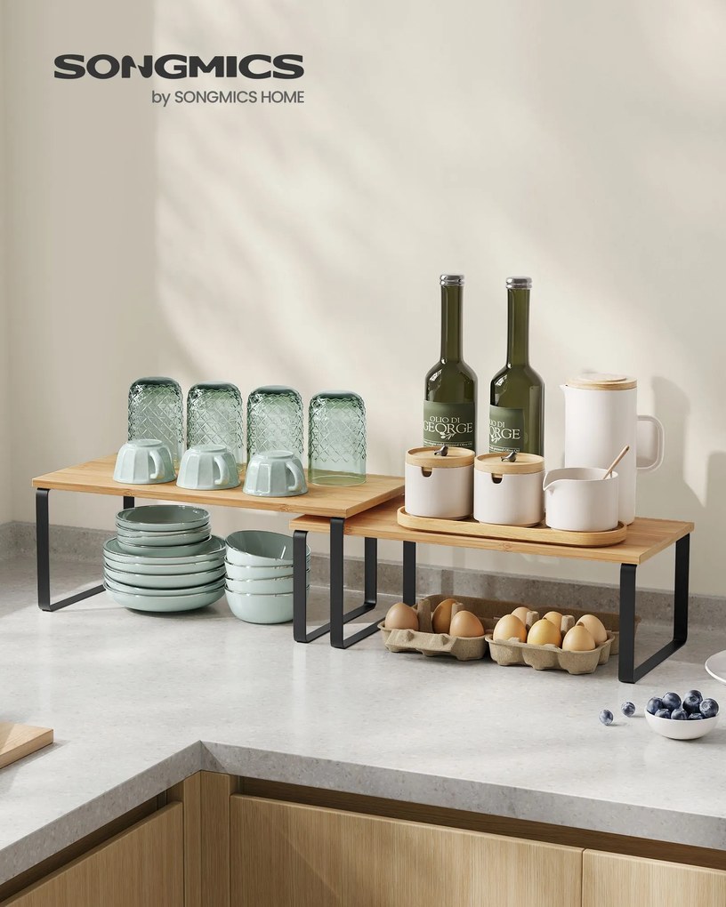 Conjunto de 4 prateleiras para cozinha empilháveis, Preto e bege natural