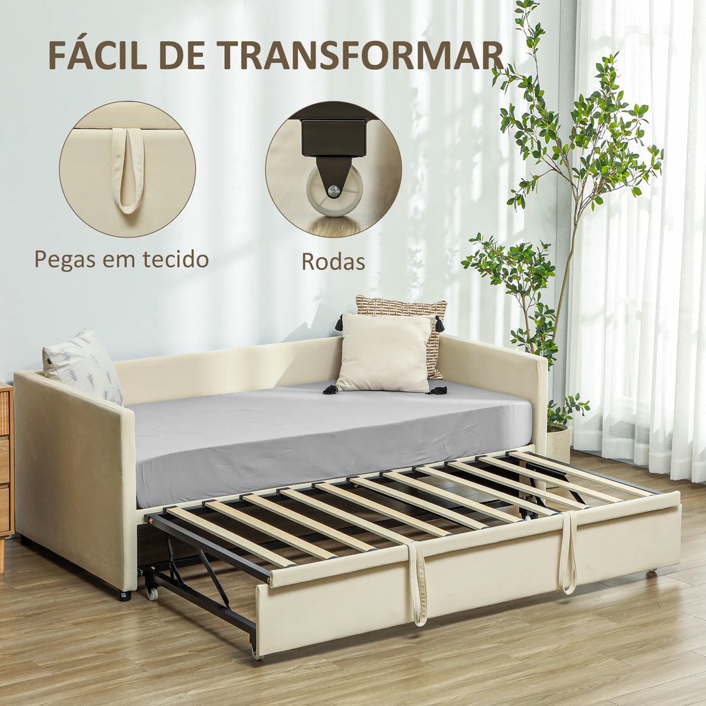 Estrutura para Sofá Cama 2 em 1 Sofá de Dois Lugares Cama de Casal com Rodas para Colchões de 90x190 cm Bege