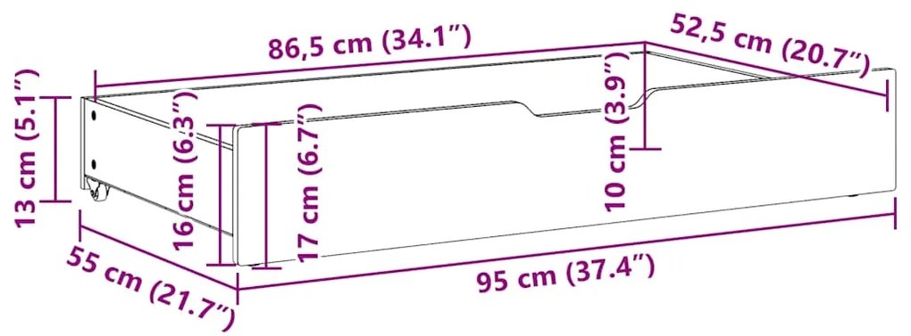 Gavetas para cama com rodas 2 pcs 95x55x17 cm pinho maciço